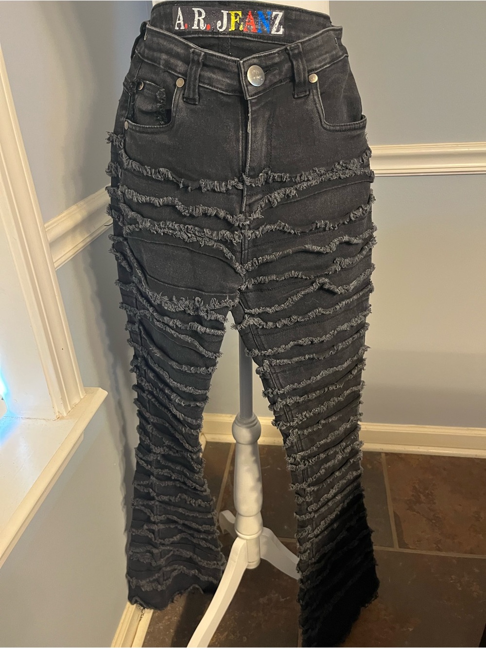 Black Distressed Fringe Wide-Leg Jeans